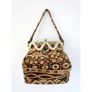 Vintage 70s Carpet Bag Chenille Decorative Frame Flowers Geometric Browns